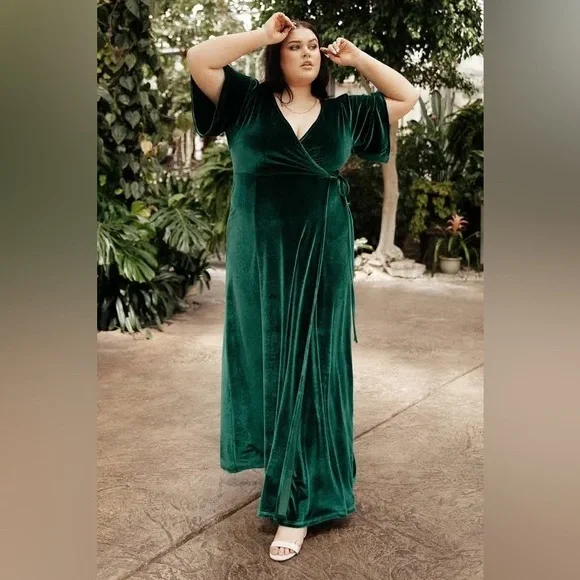 Baltic Born Meghan Velvet Wrap Bridesmaids Dress Emerald - Picture 2 of 4